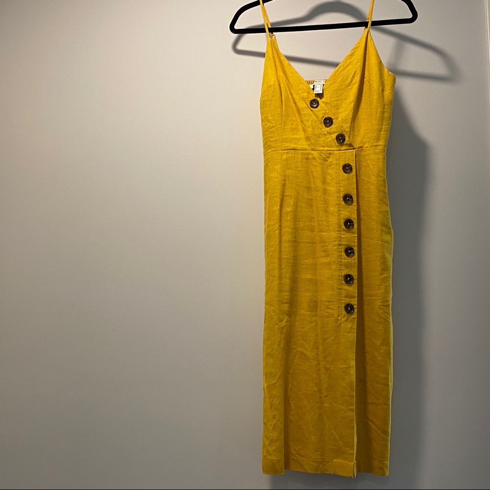 yellow button down linen midi dress